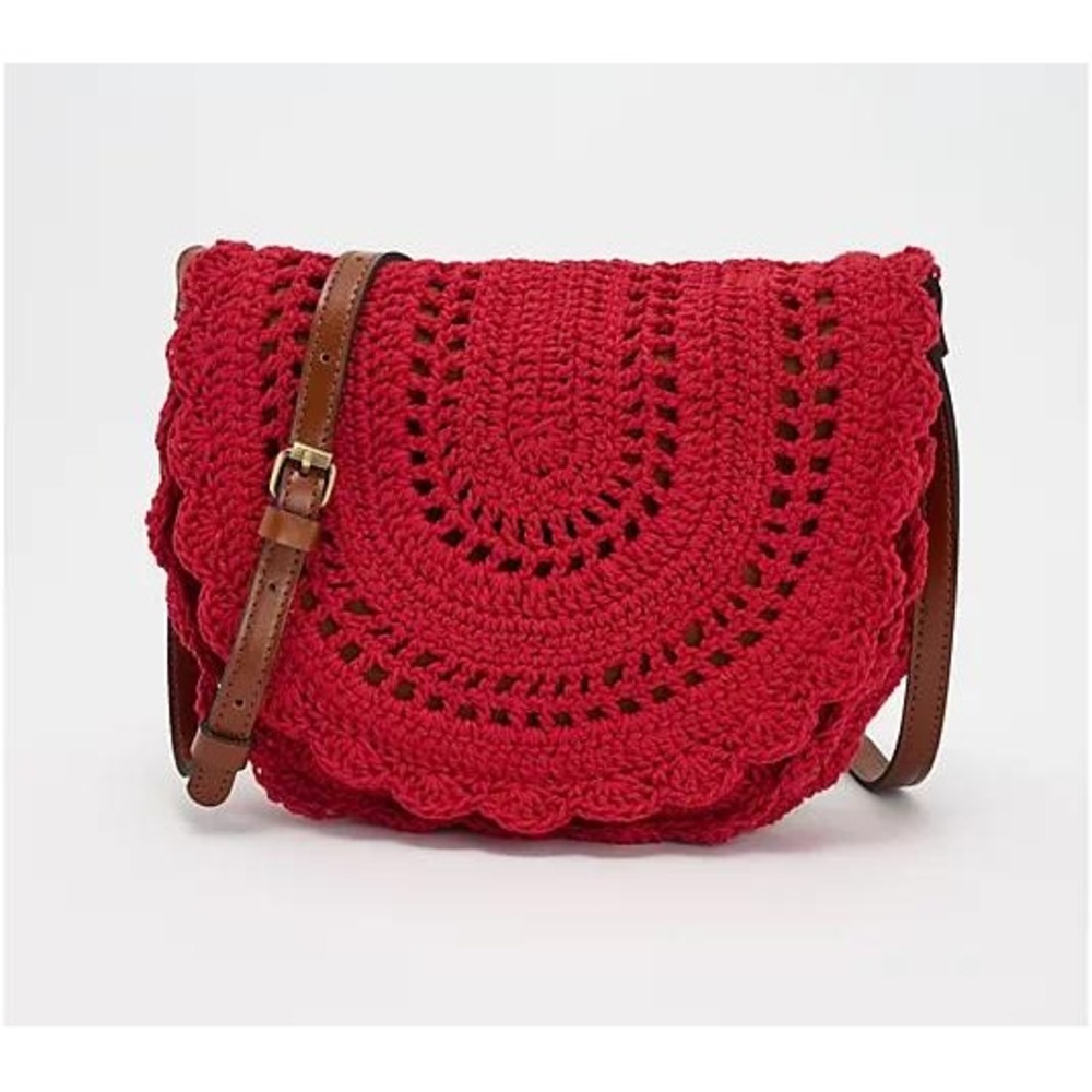 Patricia Nash Crossbody Bag Red Brown Crochet Nikita Flap Boho Adjustable Strap